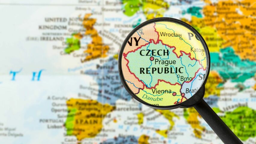 Mapa z wyszczególnionym lupa fragmentem Czech